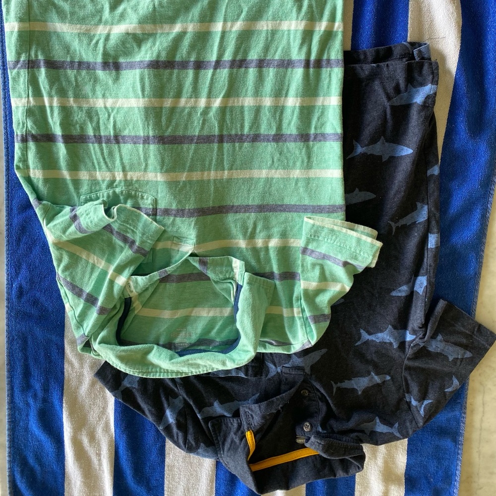 Lot of 2 boys Old Navy polos, size large (10-12). Green striped and blue sharks